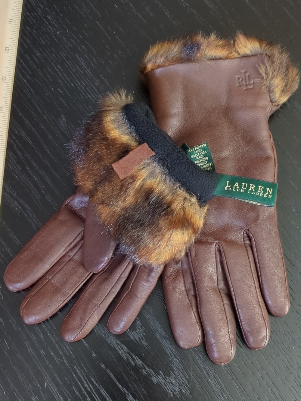 Lauren Ralph Lauren Brown Leather Gloves with Faux Fur Cuff